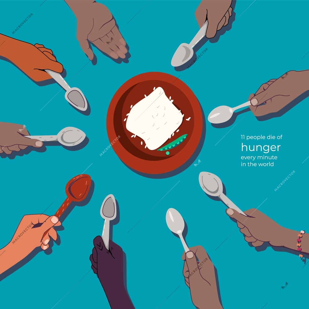 Hunger food crisis flat composition with plate surrounded by human hands of various color holding spoons vector illustration