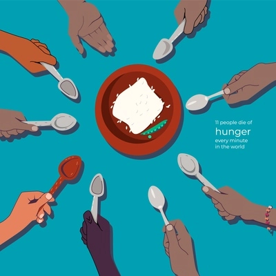 Hunger food crisis flat composition with plate surrounded by human hands of various color holding spoons vector illustration