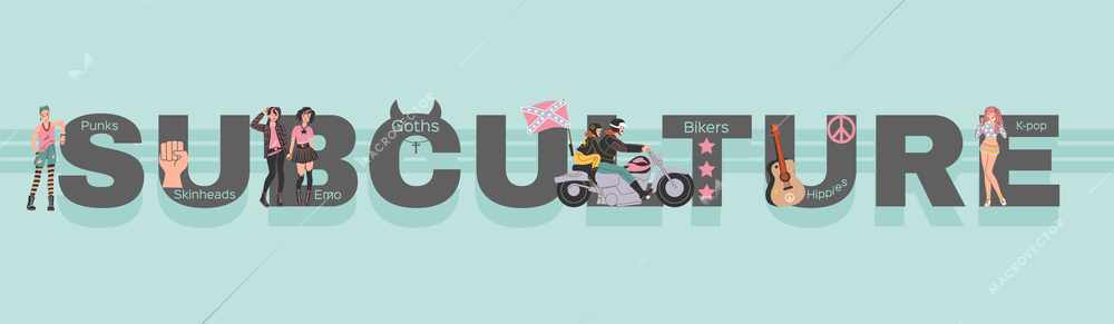 Subculture people flat text composition with rating stars and young people witn different styles in clothes vector illustration