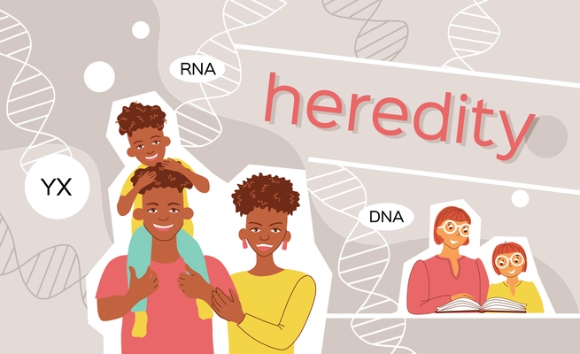 Heredity people composition with collage of flat icons and characters of black people with dna structure vector illustration