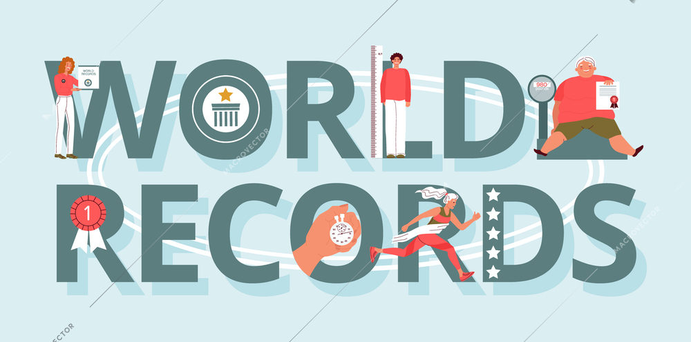 World records flat composition with editable text and badges medals rating stars and pedestal with people vector illustration
