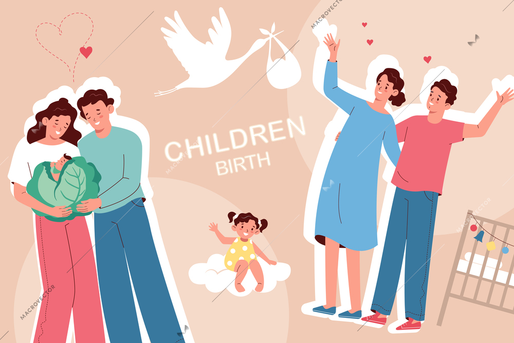 Children birth flat collage with happy parents baby in cabbage flying stork on color background vector illustration