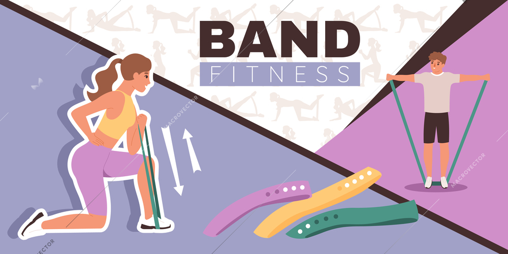 Fitness elastic bands composition with collage of flat icons position silhouettes doodle human characters and text vector illustration