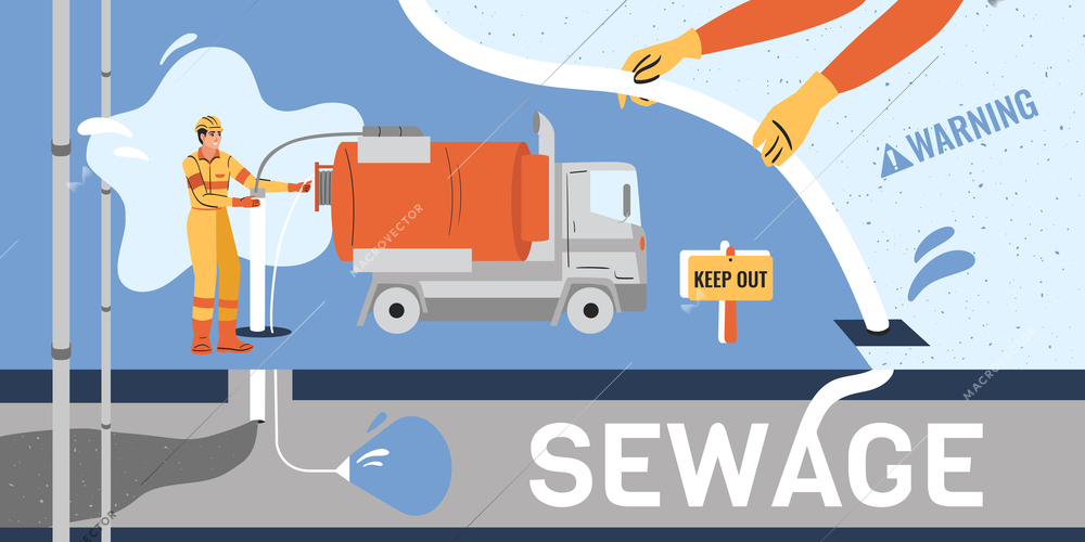 Sewerage water pipe composition with collage of flat icons with pump truck warning signs and text vector illustration