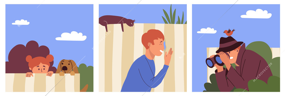 People observers hiding behind fence and peeping flat set isolated vector illustration