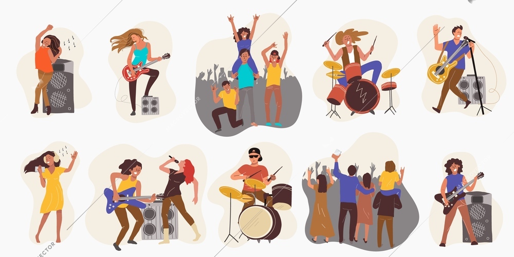 Set of people playing and listening rock music and dancing on concerts isolated flat vector illustration