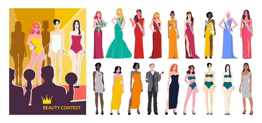 Colored and isolated beauty contest flat composition different women in bikini dresses and swimsuits vector illustration