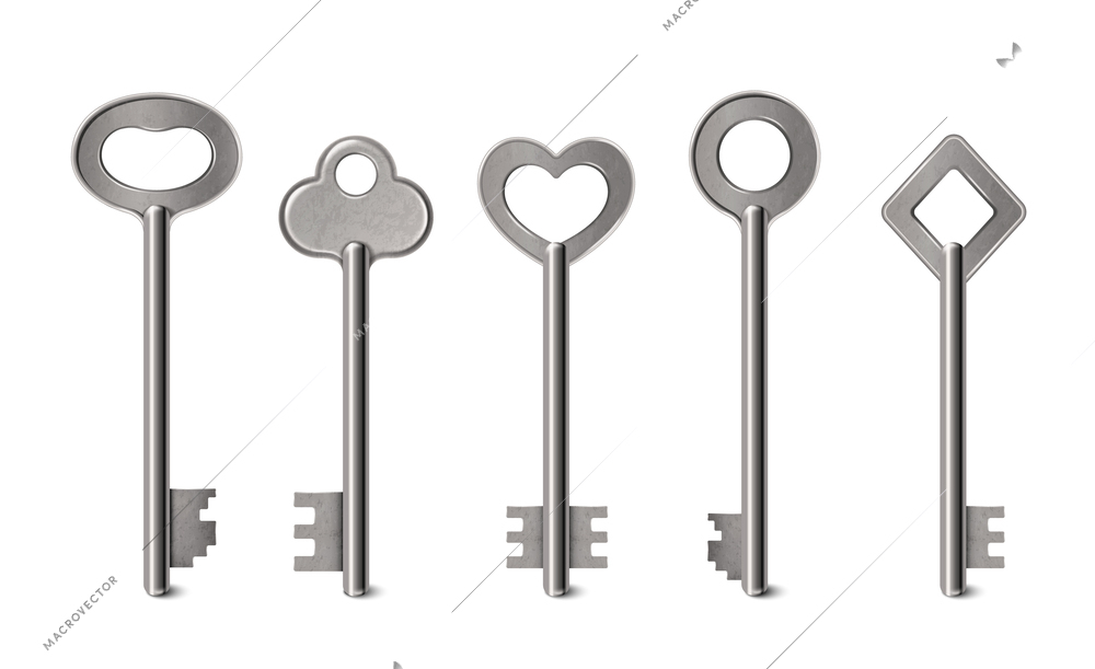 Realistic icons set on vintage style keys in silver metal color isolated vector illustration