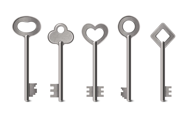 Realistic icons set on vintage style keys in silver metal color isolated vector illustration