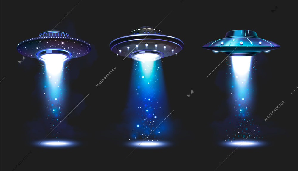 Ufo spacecraft icons set with flying saucers projecting blue beams isolated vector illustration