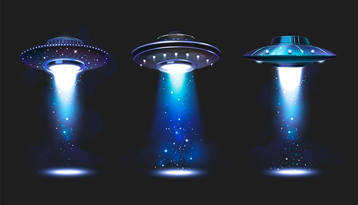 Ufo spacecraft icons set with flying saucers projecting blue beams isolated vector illustration