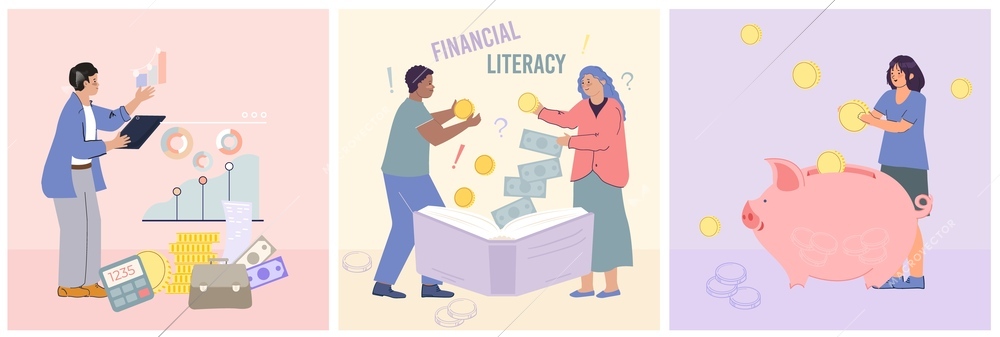 Men and women boosting financial literacy and saving money flat set isolated vector illustration