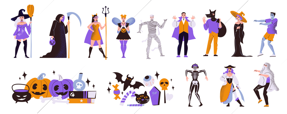 Halloween set with isolated compositions of various festive accessories pumpkins and human characters wearing scary costumes vector illustration