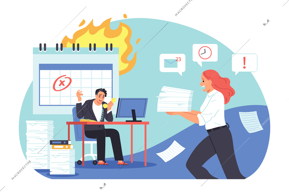 Procrastination project deadline composition with office scenery and man hanging on phone while woman carrying papers vector illustration