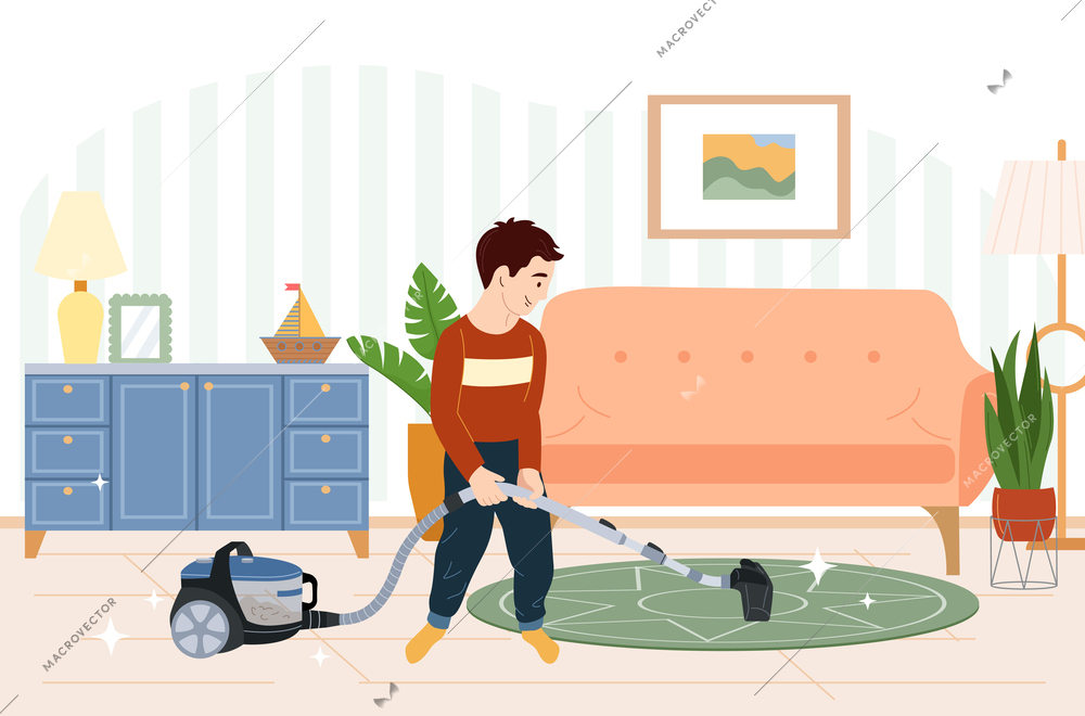 Household children helping flat background with living room interior scenery and teenage boy with vacuum cleaner vector illustration