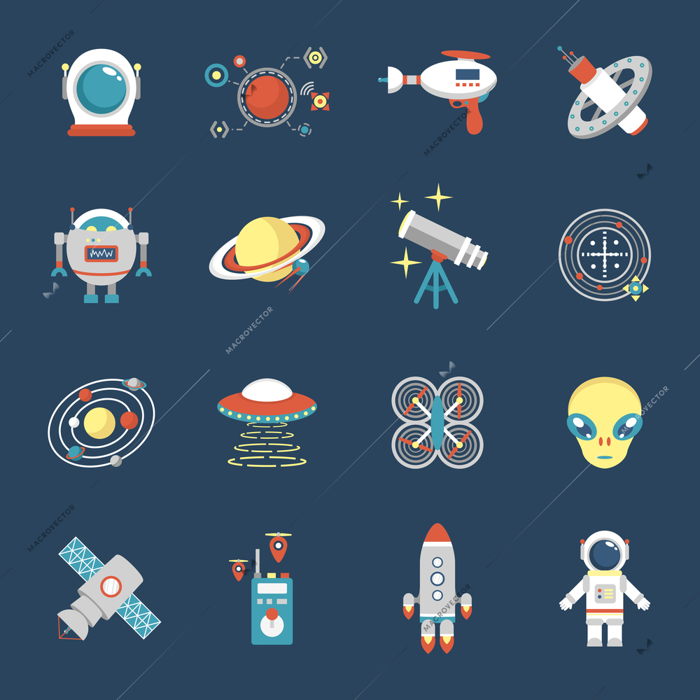 Fiction icon set with aliens space shuttle cyborg weapons isolated vector illustration