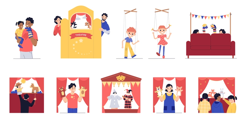 Puppet show theatre flat set of isolated compositions showing artists performing with puppets and kids watching vector illustration