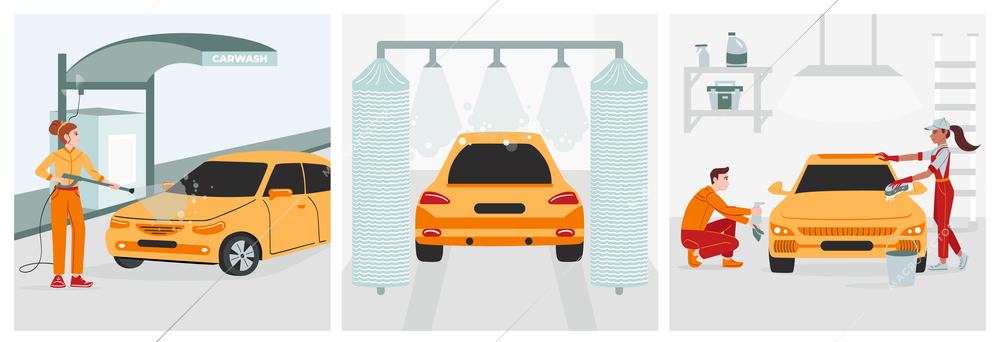 Car washing set of three square compositions with cars being washed by workers sprayed with water vector illustration