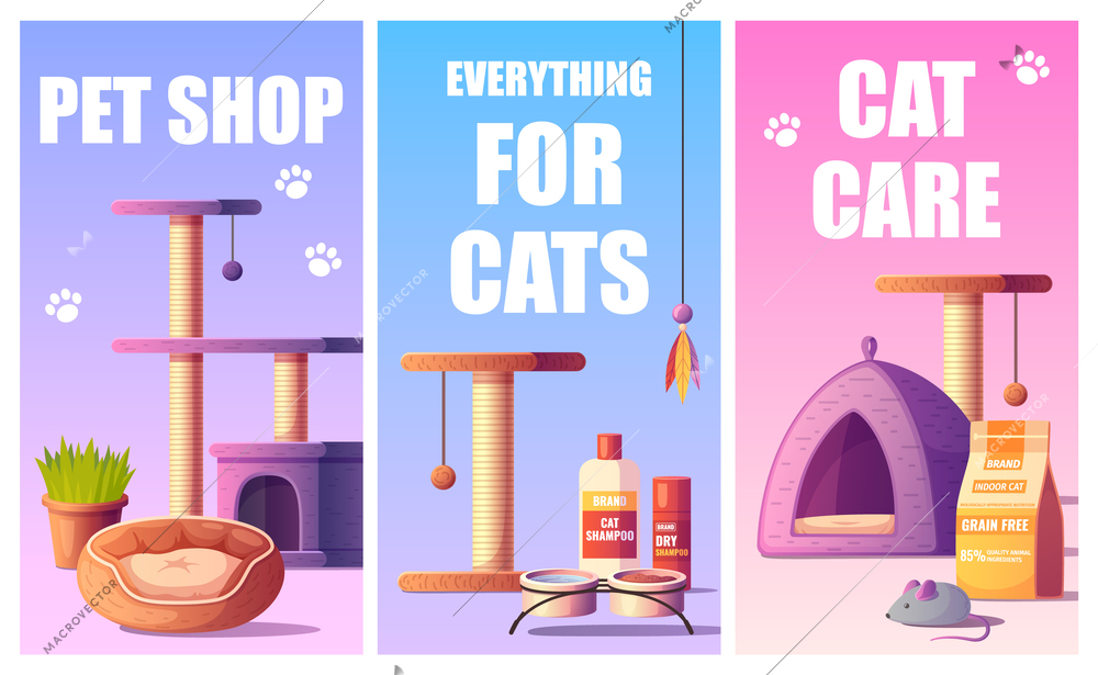 Set of cartoon vertical banners for pet shop with goods for cats isolated vector illustration