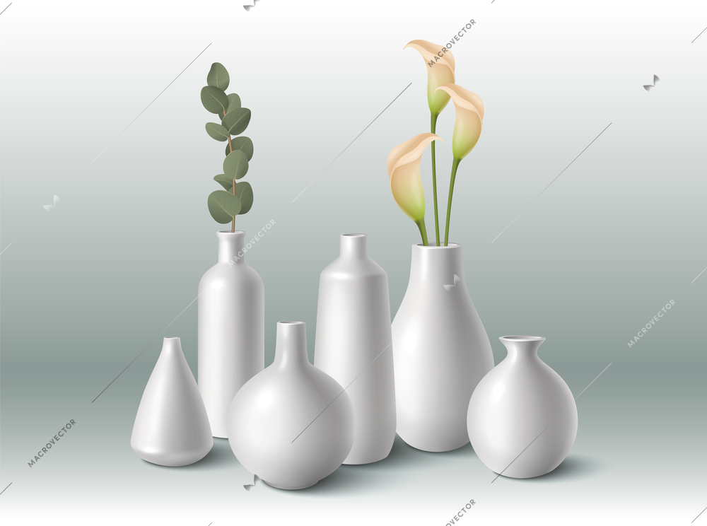 White porcelain vases of different shape with flowers realistic vector illustration