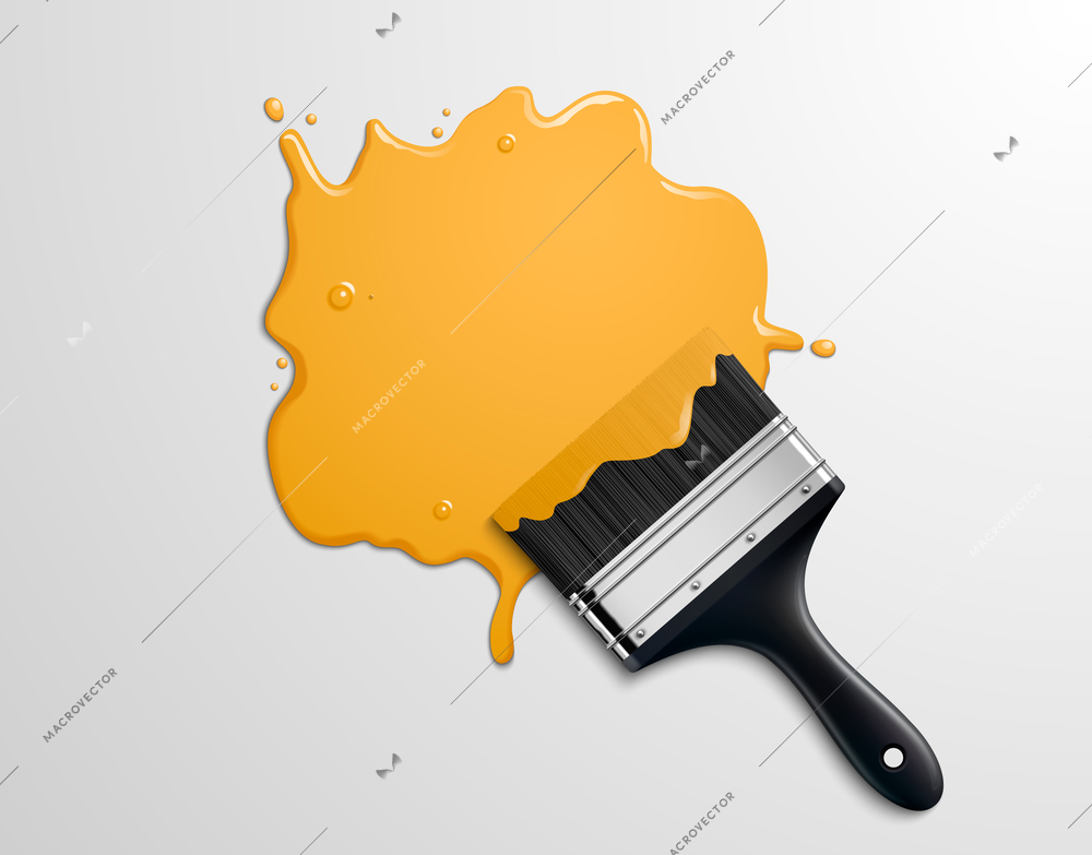 Black paintbrush with blot of yellow paint on grey background vector illustration