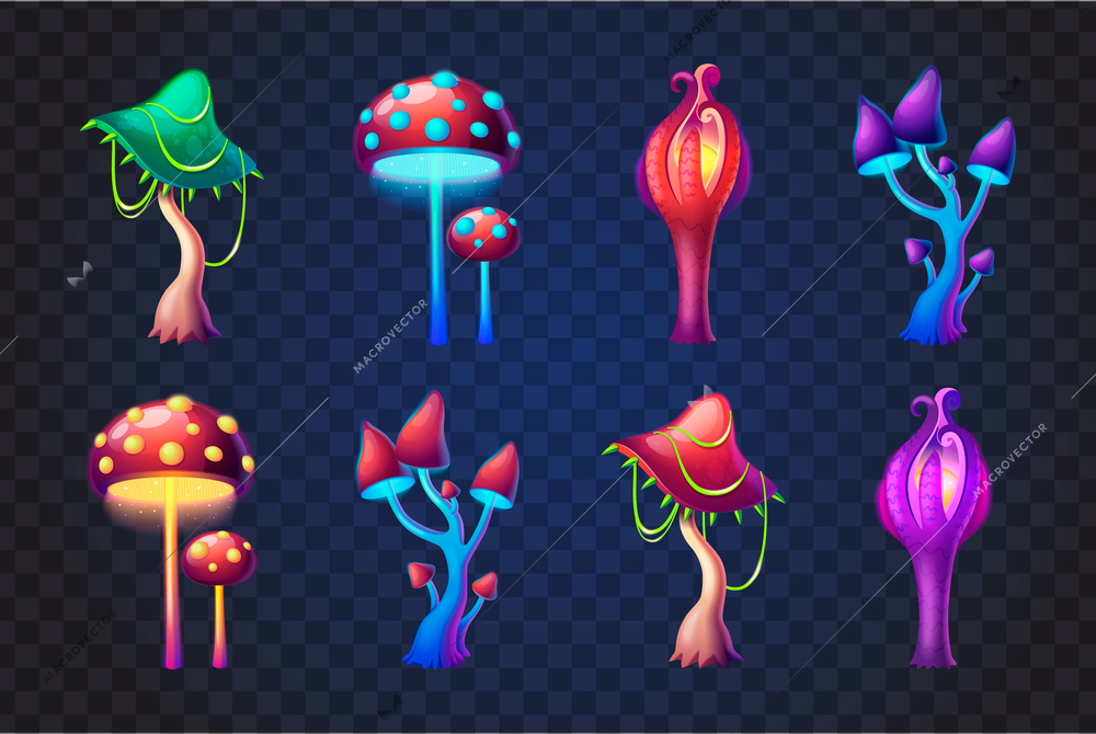 Cartoon set of colorful fantasy magic mushrooms isolated on transparent background vector illustration