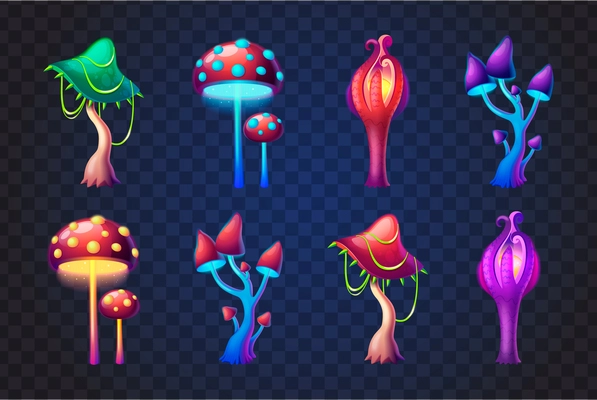 Cartoon set of colorful fantasy magic mushrooms isolated on transparent background vector illustration