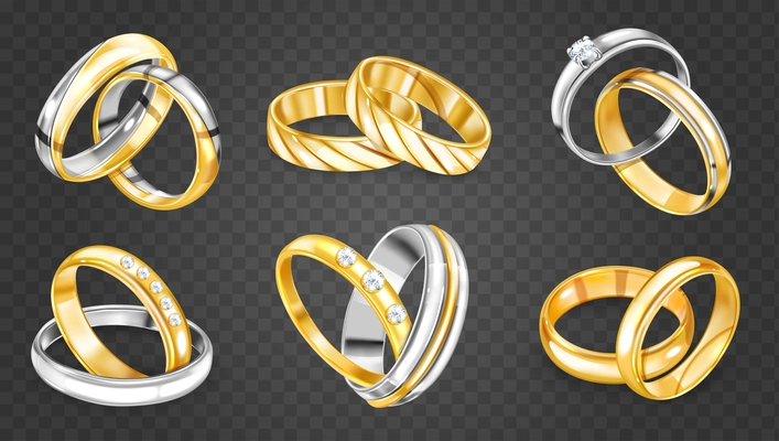 Realistic ring set with isolated ornate jewelry silver and golden rings in pairs on transparent background vector illustration