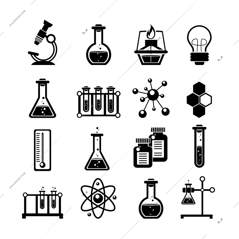 Chemistry scientific research icons collection with molecule atom structure symbol and test tubes black abstract vector illustration