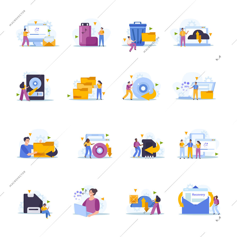 Tiny people back up data and recover files flat icons set isolated vector illustration