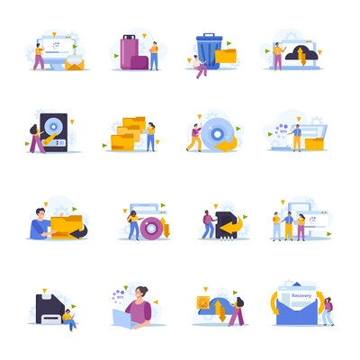 Tiny people back up data and recover files flat icons set isolated vector illustration