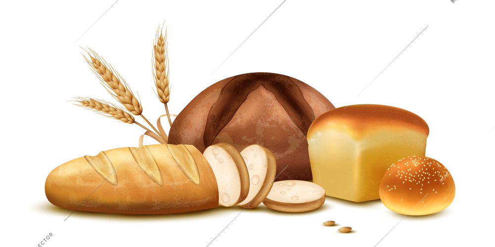 Realistic bakery composition of fresh wheat and rye bread loaves vector illustration