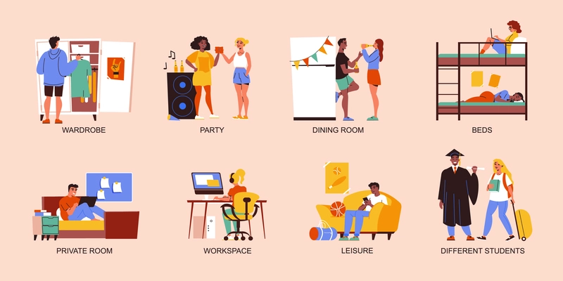Student dormitory flat set of bedroom dinning workplace party private room bedtime compositions isolated vector illustration
