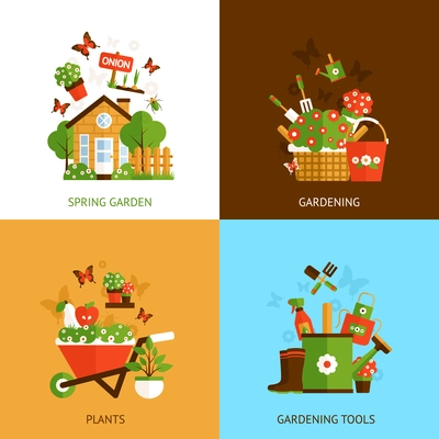 Spring gardening design concept set with plants and tools flat icons isolated vector illustration