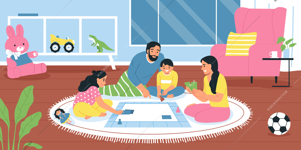 Children playing board game with parents in their room flat vector illustration