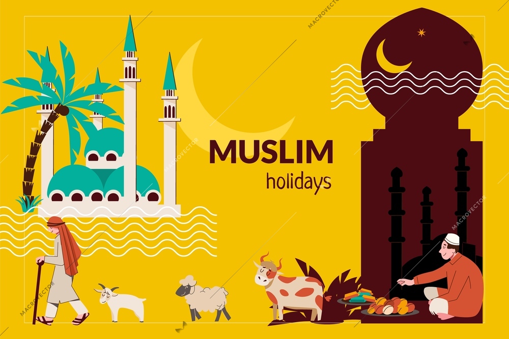 Muslim holidays composition with collage of flat icons with animals people text and oriental mosque buildings vector illustration