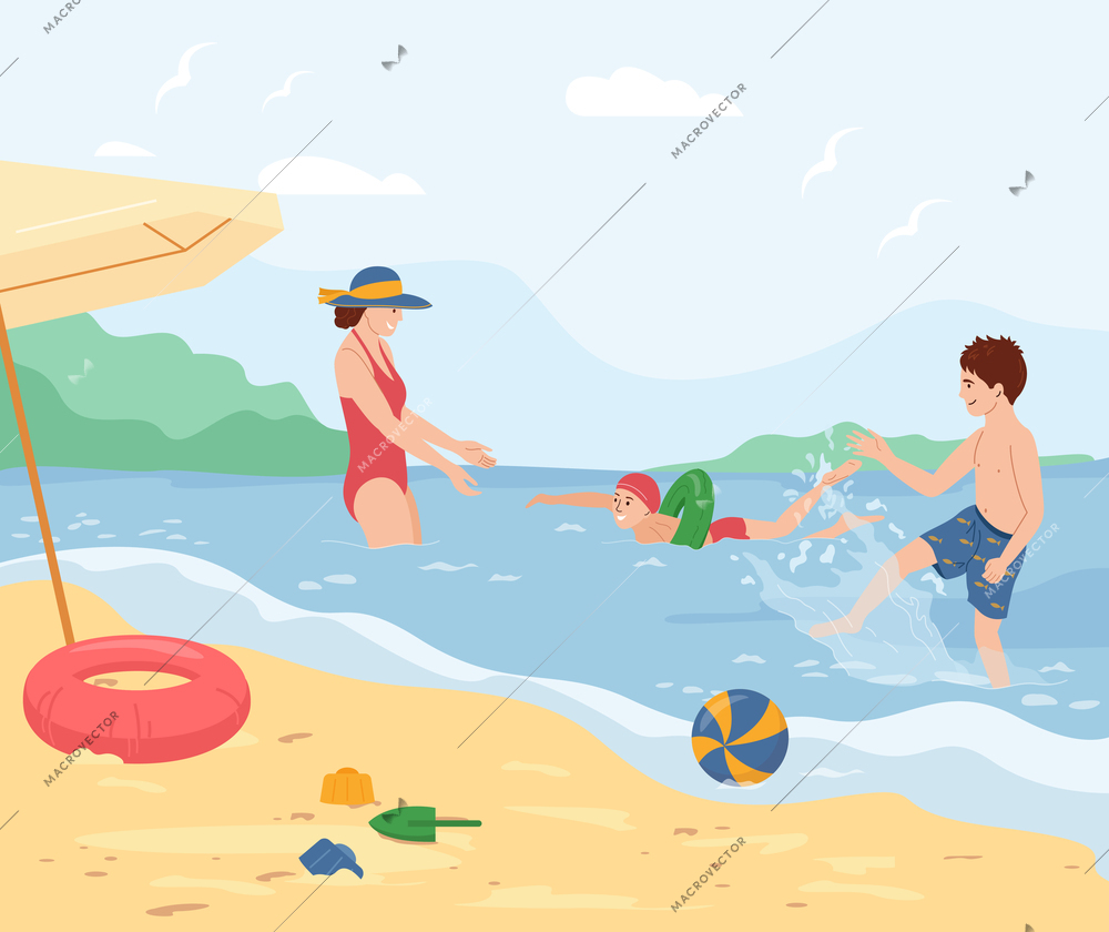 Kids safety in water composition with little boy learning to swim with inflatable ring flat vector illustration
