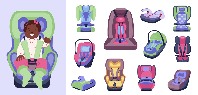 Children car seat set with flat safety seats on blank background with various size and colors vector illustration
