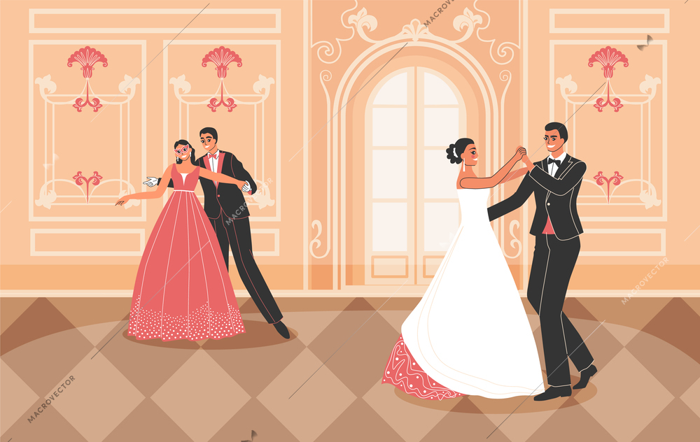 Royal ball background with dance and elegant dress symbols flat vector illustration