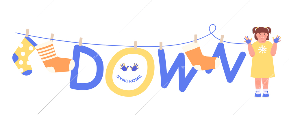 Downs syndrome flat text composition with the girl in the dress is standing next to the inscription the letters of which are hung on clothespins vector illustration