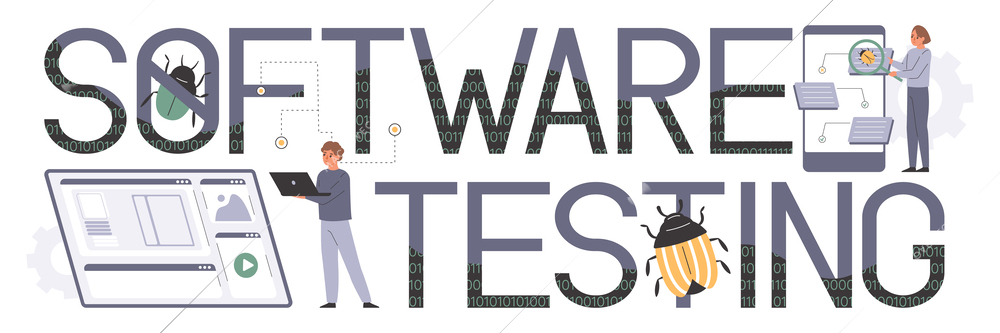 Software testing text concept with bug control symbols flat vector illustration