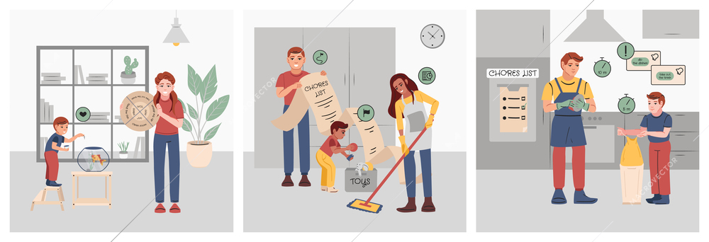Families with children doing household chores according to lists flat set isolated vector illustration