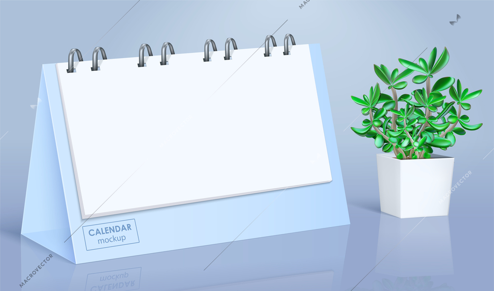 Realistic blank spiral calendar mockup with white sheets on glossy desk with small flowerpot vector illustration