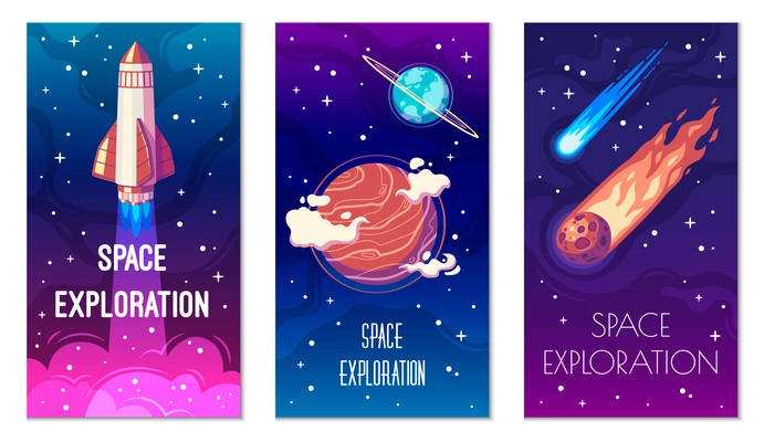 Space exploration vertical posters cartoon set with rocket launch planets and meteorites isolated vector illustration