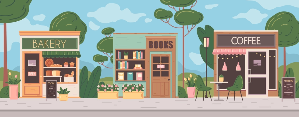 City street with small business facades bakery book and coffee shops flat vector illustration