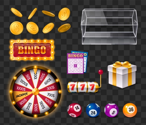 Realistic set of lottery and bingo objects isolated on transparent background vector illustration