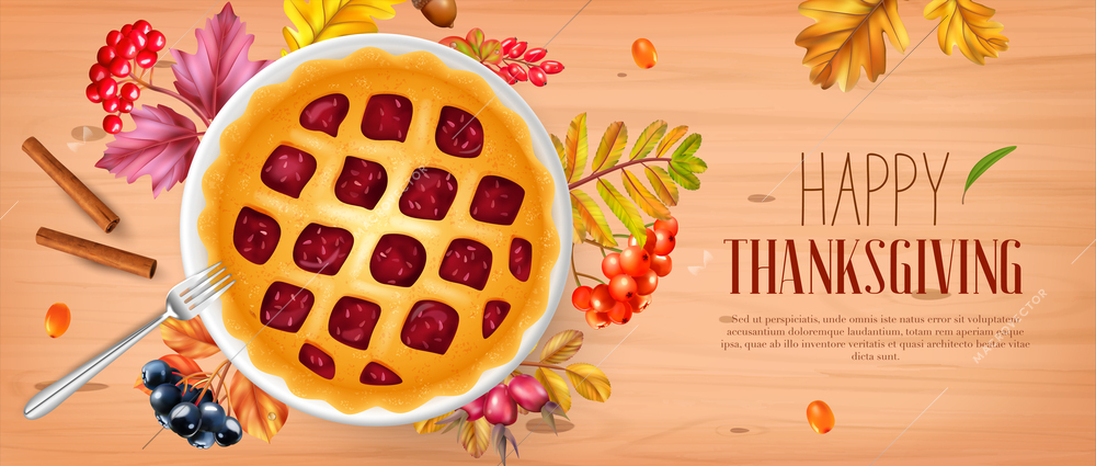 Happy thanksgiving horizontal poster decorated with autumn fall leaves and holiday berry pie  realistic vector illustration