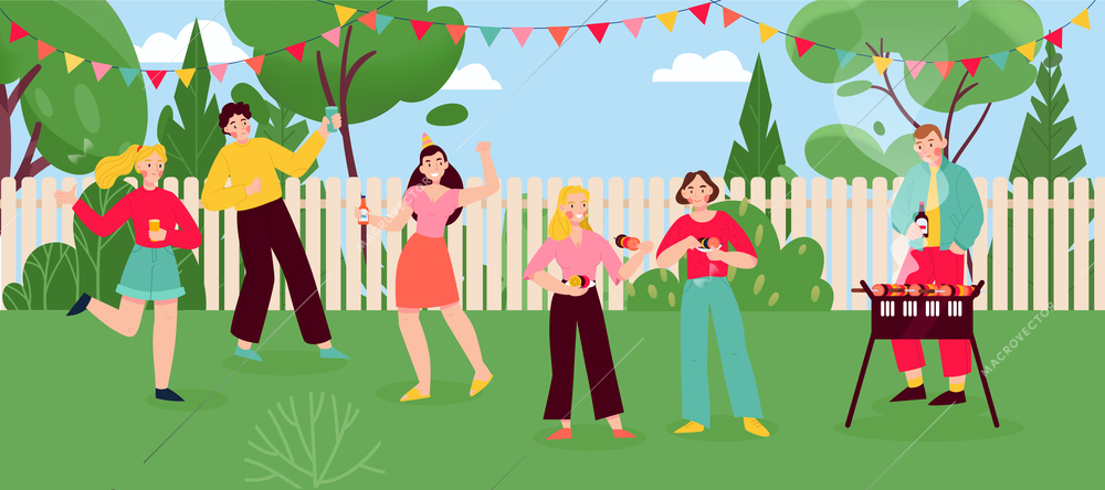 Barbecue party flat composition with group of friends having fun outdoors at rustic landscape background vector illustration