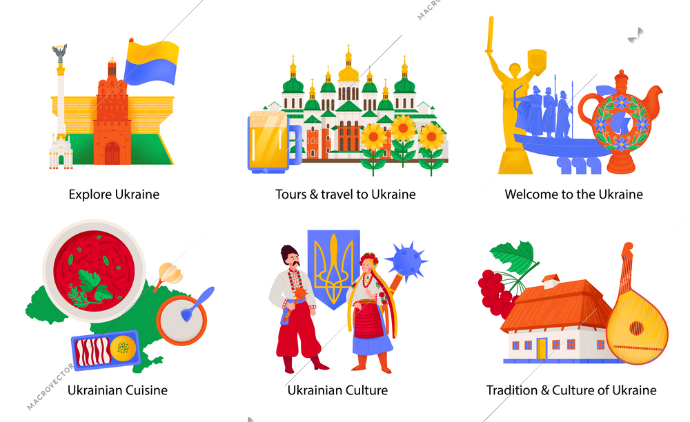 Wellcome to ukraine flat compositions depicting cultural historical and  architectural sights isolated vector illustration