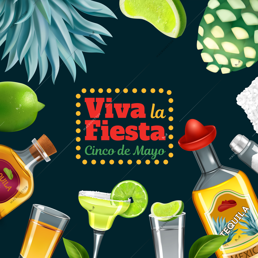 Viva fiesta black background decorated with realistic frame consisting of bottles and wineglasses with tequila drinks vector illustration